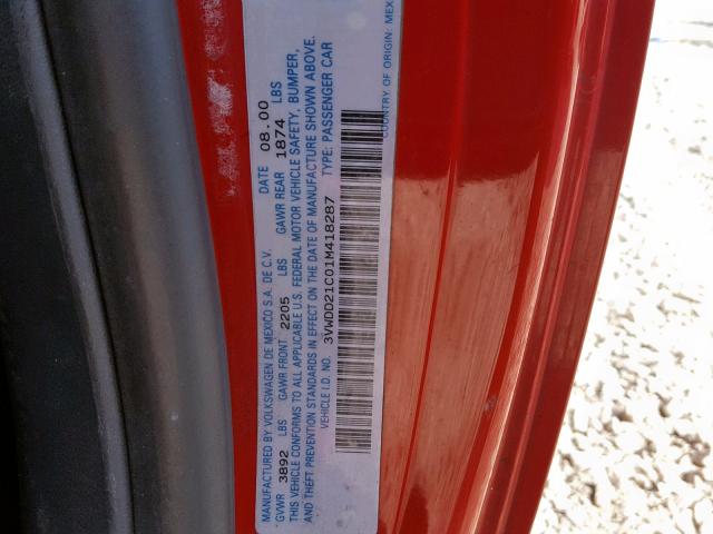 3VWDD21C01M418287 - 2001 VOLKSWAGEN NEW BEETLE წითელი ფოტო 10