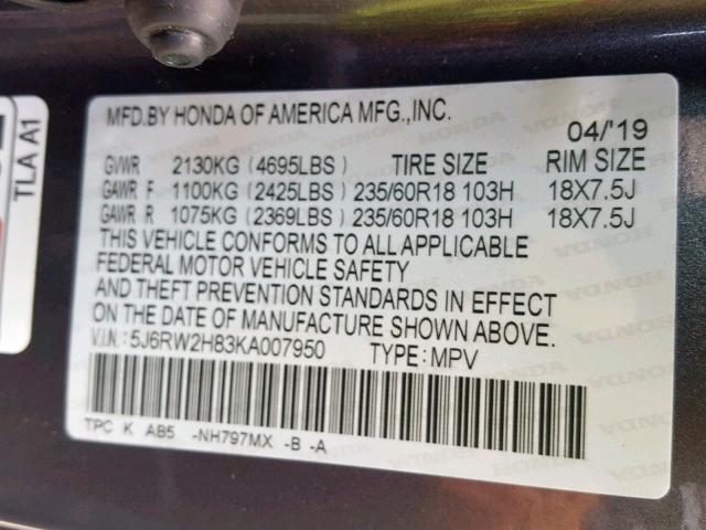 5J6RW2H83KA007950 - 2019 HONDA CR-V EXL GRAY photo 10