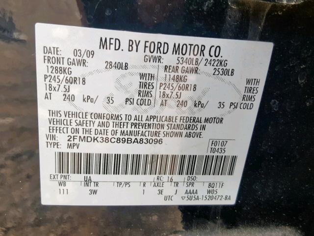 2FMDK38C89BA83096 - 2009 FORD EDGE SEL BLACK photo 10