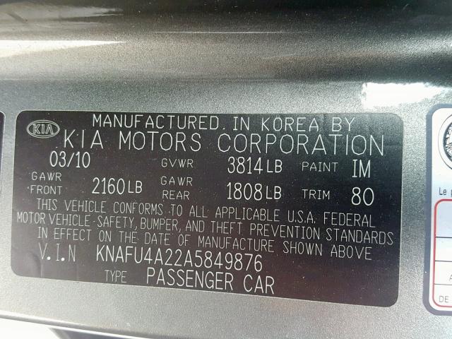 KNAFU4A22A5849876 - 2010 KIA FORTE EX GRAY photo 10