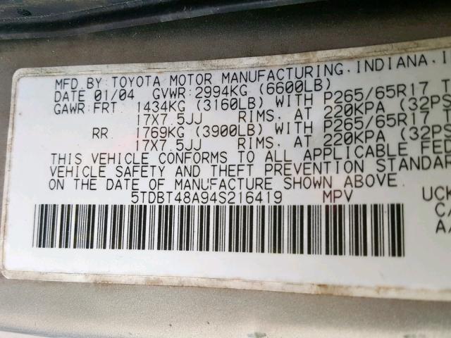 5TDBT48A94S216419 - 2004 TOYOTA SEQUOIA LI SILVER photo 10