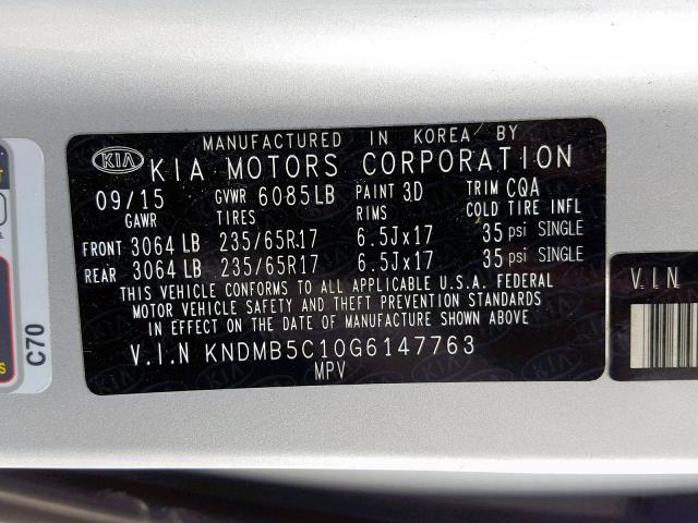 KNDMB5C10G6147763 - 2016 KIA SEDONA LX SILVER photo 10