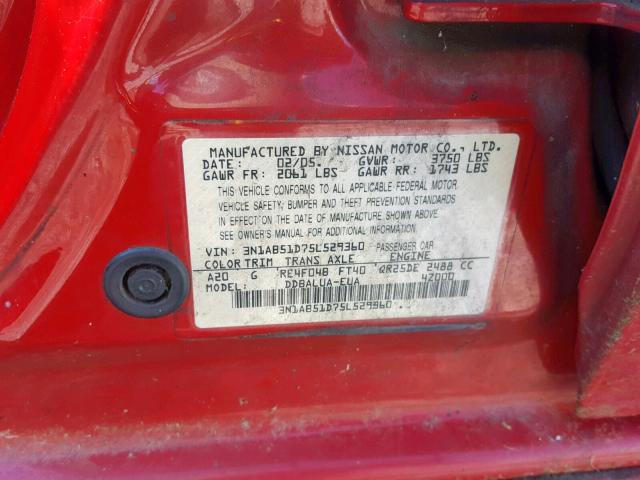 3N1AB51D75L529360 - 2005 NISSAN SENTRA SE- RED photo 10