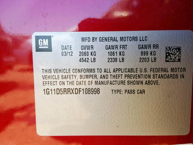 1G11D5RRXDF108998 - 2013 CHEVROLET MALIBU 1LT 红色 照片 10