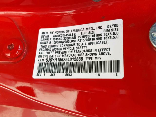 5J6YH18625L012886 - 2005 HONDA ELEMENT EX RED photo 10