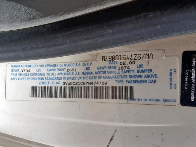 3VWCC21C6YM474789 - 2000 VOLKSWAGEN NEW BEETLE თეთრი ფოტო 10