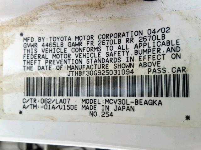 JTHBF30G925031094 - 2002 LEXUS ES 300 WHITE photo 10