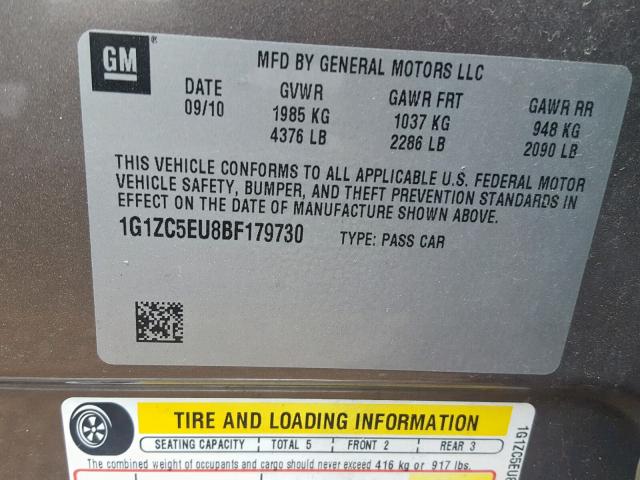 1G1ZC5EU8BF179730 - 2011 CHEVROLET MALIBU 1LT GRAY photo 10