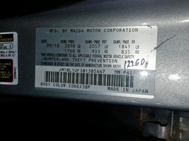 JM1BL1UF3B1385667 - 2011 MAZDA 3 I GRAY photo 10