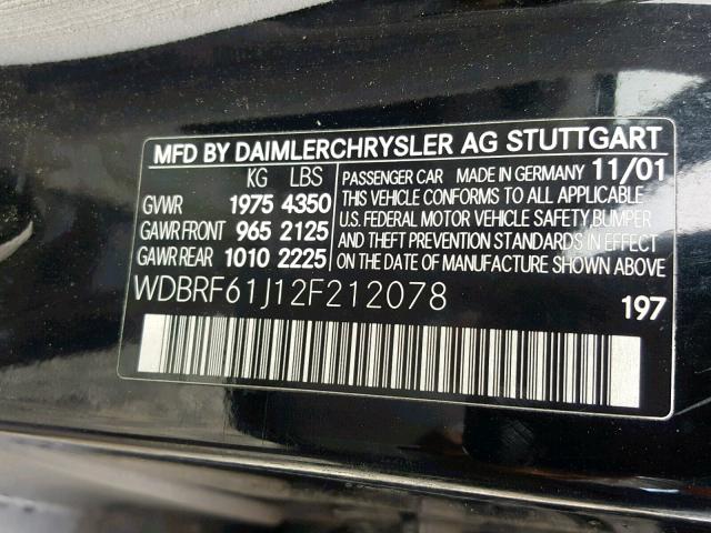 WDBRF61J12F212078 - 2002 MERCEDES-BENZ C 240 BLACK photo 10