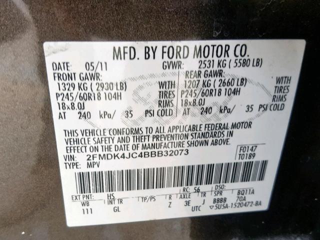 2FMDK4JC4BBB32073 - 2011 FORD EDGE SEL BROWN photo 10