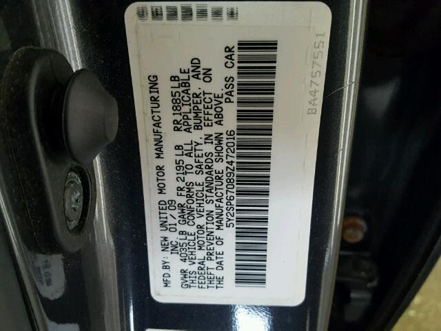 5Y2SP67089Z472016 - 2009 PONTIAC VIBE CHARCOAL photo 10