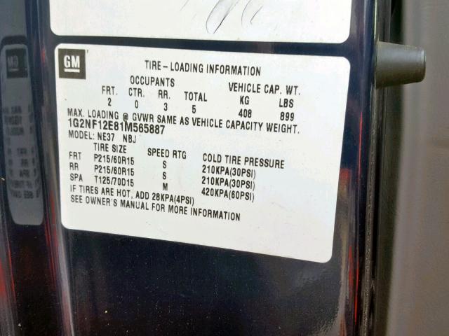 1G2NF12E81M565887 - 2001 PONTIAC GRAND AM S BLUE photo 10