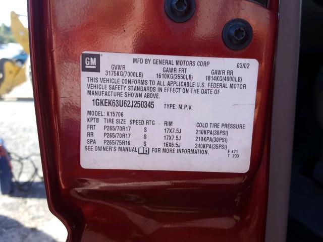 1GKEK63U62J250345 - 2002 GMC DENALI RED photo 10