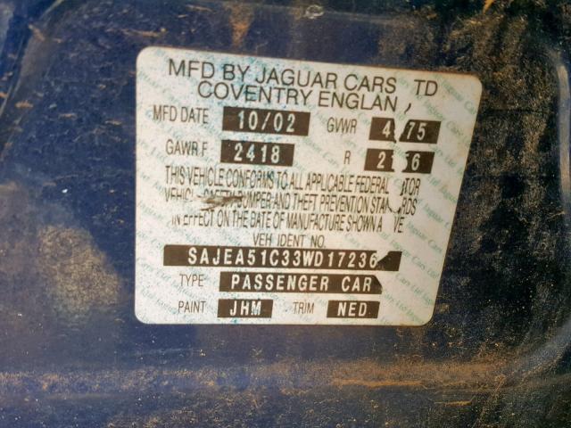 SAJEA51C33WD17236 - 2003 JAGUAR X-TYPE 3.0 BLUE photo 10