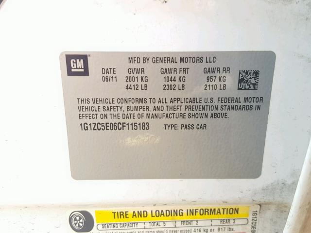 1G1ZC5E06CF115183 - 2012 CHEVROLET MALIBU 1LT 白色 照片 10