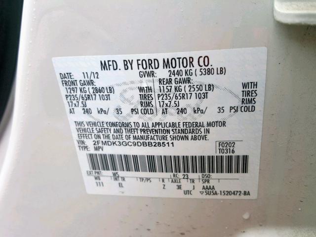 2FMDK3GC9DBB28511 - 2013 FORD EDGE SE WHITE photo 10