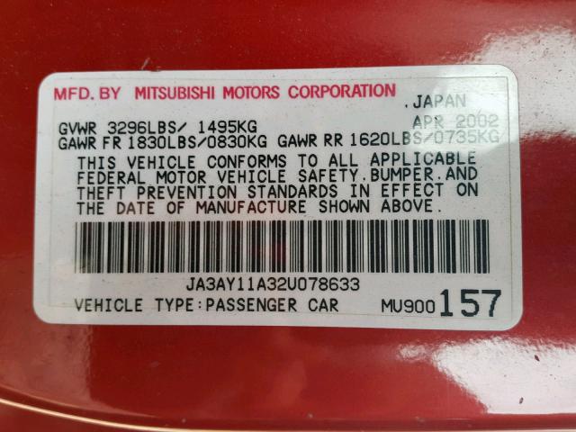 JA3AY11A32U078633 - 2002 MITSUBISHI MIRAGE DE RED photo 10