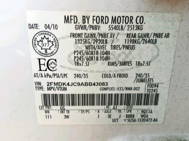 2FMDK4JC9ABB43083 - 2010 FORD EDGE SEL WHITE photo 10