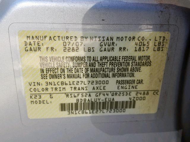 3N1CB61E27L723000 - 2007 NISSAN SENTRA SE- SILVER photo 10