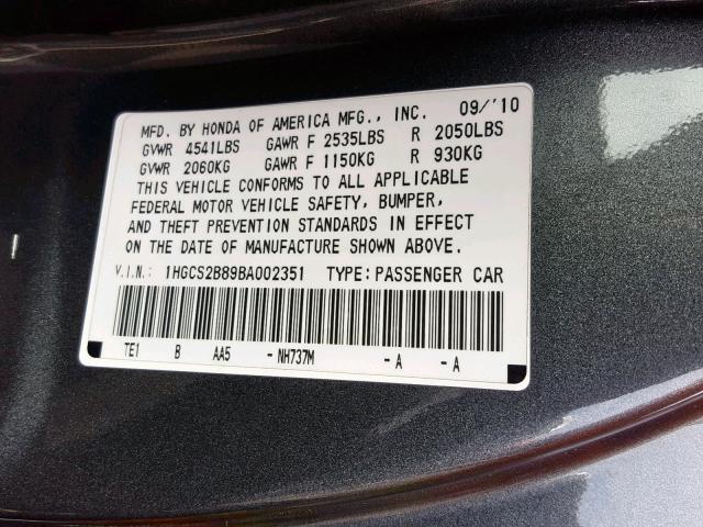 1HGCS2B89BA002351 - 2011 HONDA ACCORD EXL CHARCOAL photo 10