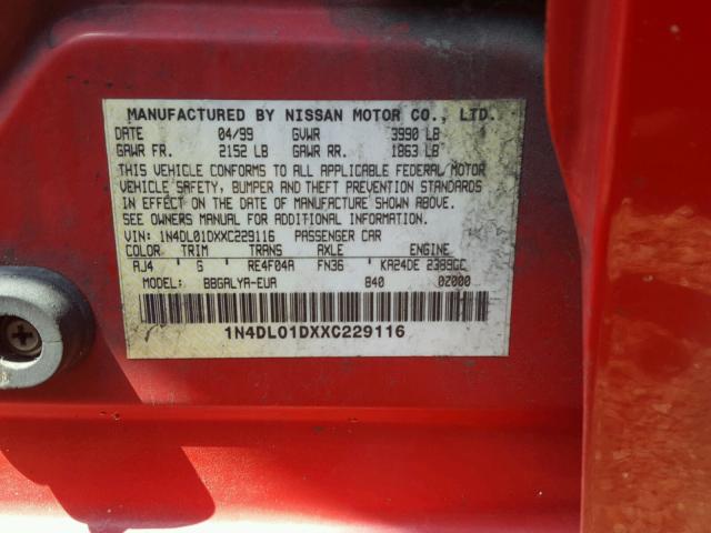 1N4DL01DXXC229116 - 1999 NISSAN ALTIMA XE RED photo 10