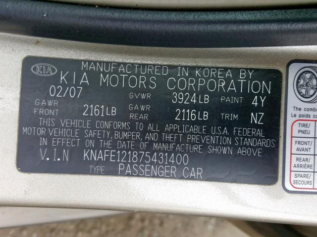 KNAFE121875431400 - 2007 KIA SPECTRA EX BEIGE photo 10