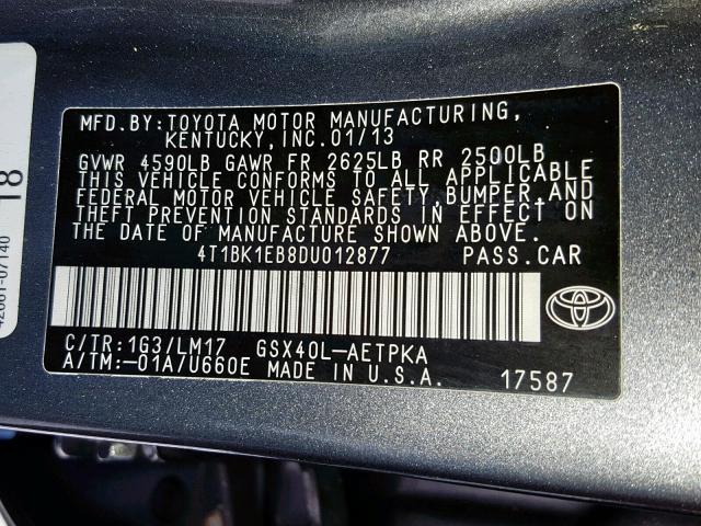 4T1BK1EB8DU012877 - 2013 TOYOTA AVALON BAS GRAY photo 10