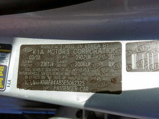 KNAFX4A85E5062325 - 2014 KIA FORTE EX SILVER photo 10