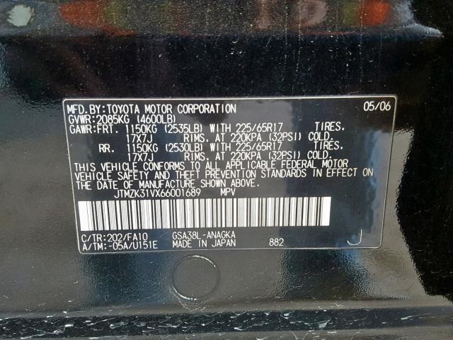 JTMZK31VX66001689 - 2006 TOYOTA RAV4 LIMIT BLACK photo 10