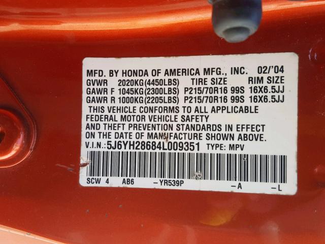 5J6YH28684L009351 - 2004 HONDA ELEMENT EX ORANGE photo 10