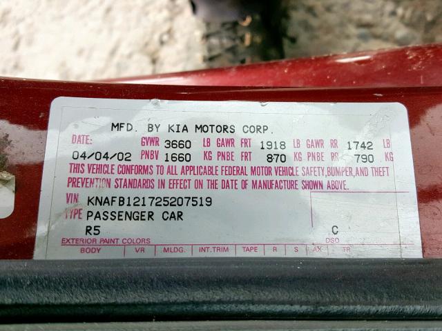 KNAFB121725207519 - 2002 KIA SPECTRA BA MAROON photo 10