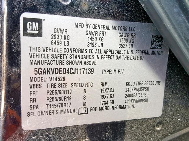 5GAKVDED4CJ117139 - 2012 BUICK ENCLAVE BLACK photo 10