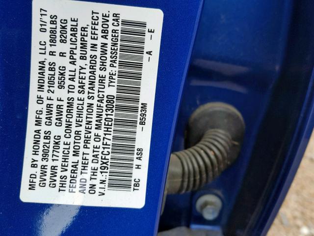 19XFC1F71HE013080 - 2017 HONDA CIVIC EXL BLUE photo 10