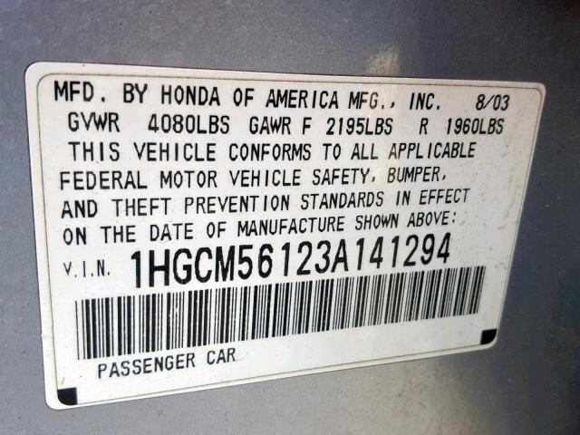 1HGCM56123A141294 - 2003 HONDA ACCORD DX SILVER photo 10