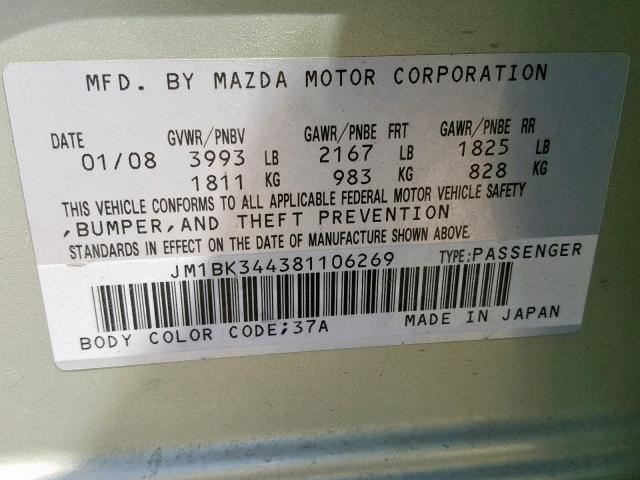 JM1BK344381106269 - 2008 MAZDA 3 HATCHBAC GREEN photo 10