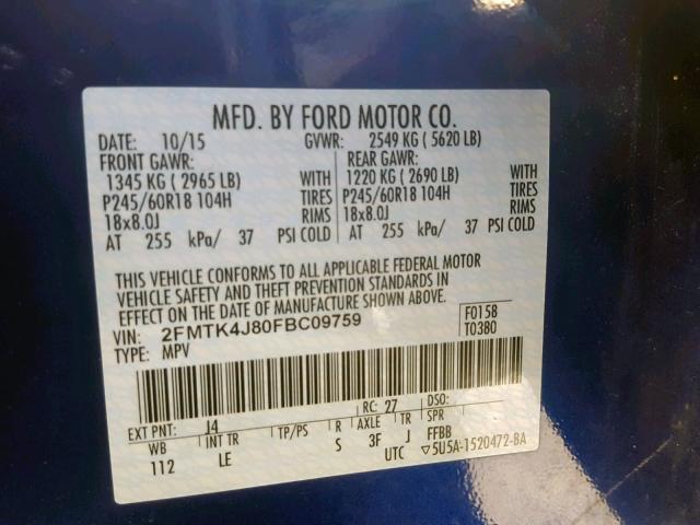 2FMTK4J80FBC09759 - 2015 FORD EDGE SEL BLUE photo 10