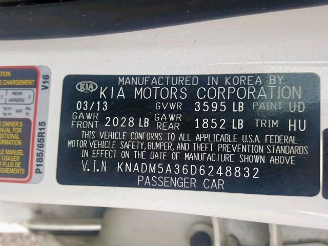 KNADM5A36D6248832 - 2013 KIA RIO LX WHITE photo 10