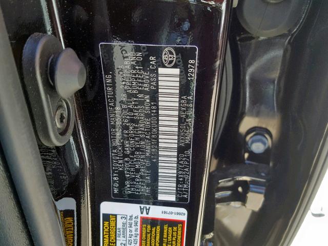 4T1B21FB0KU001481 - 2019 TOYOTA AVALON XLE BLACK photo 10