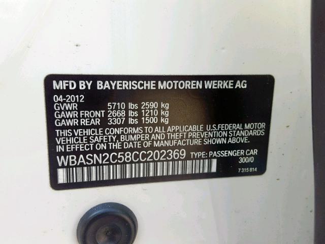 WBASN2C58CC202369 - 2012 BMW 535 IGT WHITE photo 10