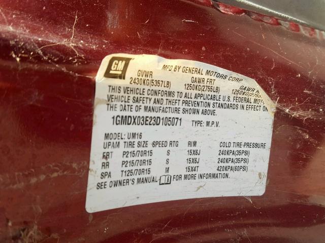 1GMDX03E23D105071 - 2003 PONTIAC MONTANA MAROON photo 10