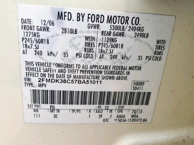 2FMDK38C57BA51011 - 2007 FORD EDGE SEL CREAM photo 10