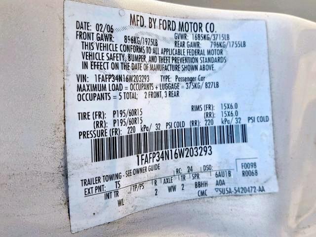 1FAFP34N16W203293 - 2006 FORD FOCUS ZX4 SILVER photo 10