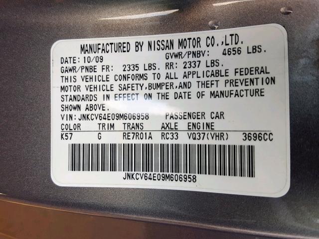 JNKCV64E09M606958 - 2009 INFINITI G37 BASE GRAY photo 10