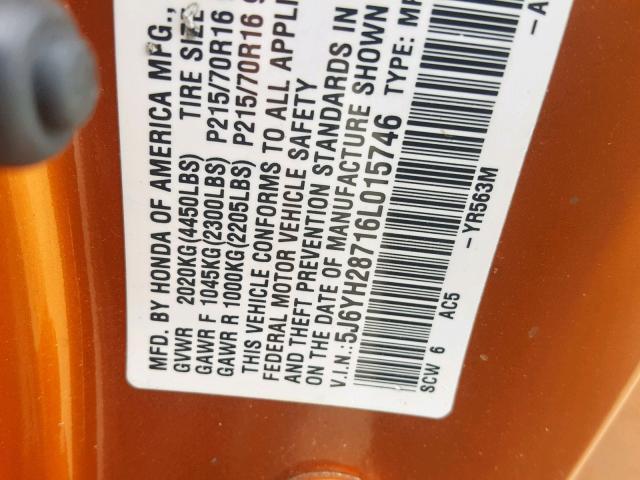 5J6YH28716L015746 - 2006 HONDA ELEMENT EX ORANGE photo 10