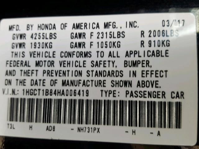 1HGCT1B84HA006419 - 2017 HONDA ACCORD EXL BLACK photo 10