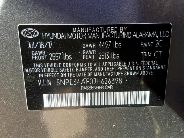 5NPE34AF0JH626398 - 2018 HYUNDAI SONATA SPO SILVER photo 10