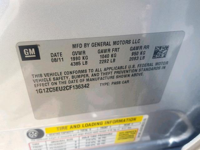 1G1ZC5EU2CF136342 - 2012 CHEVROLET MALIBU 1LT 银色 照片 10