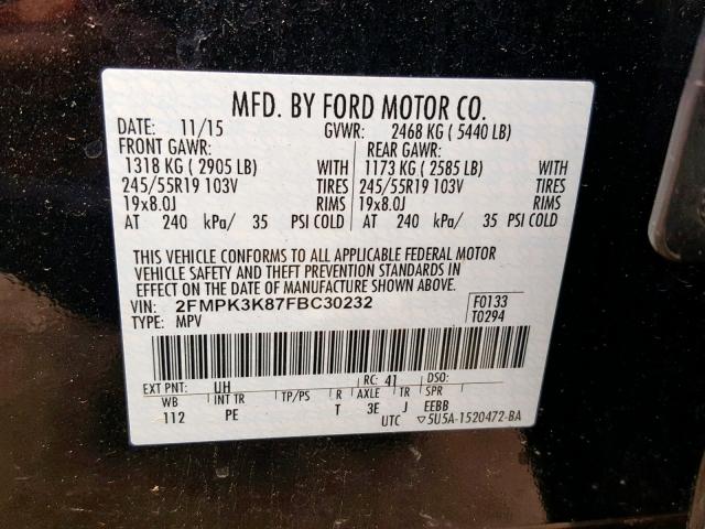 2FMPK3K87FBC30232 - 2015 FORD EDGE TITAN BLACK photo 10