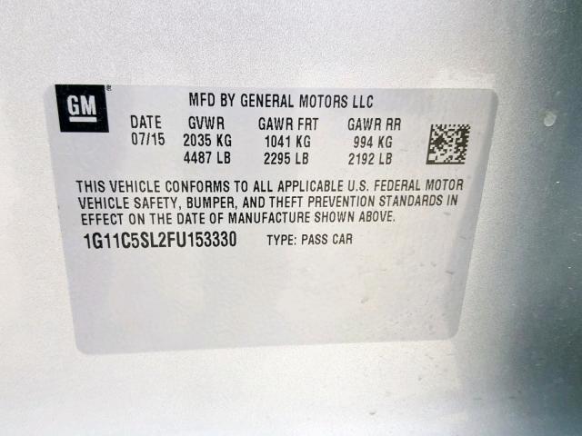 1G11C5SL2FU153330 - 2015 CHEVROLET MALIBU 1LT 银色 照片 10